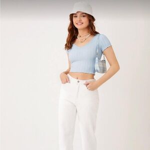 Women's Light Blue Ruffle Crop Top